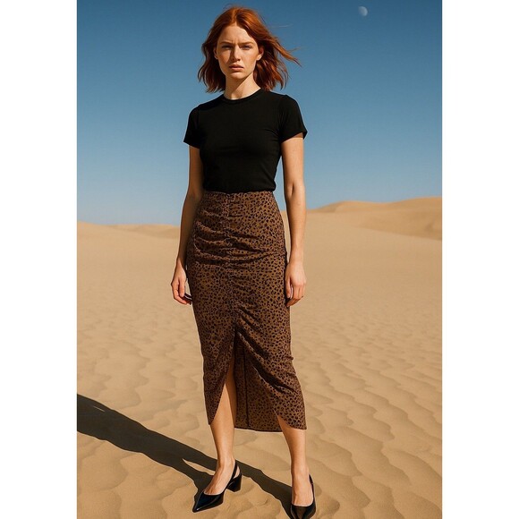 BB Dakota Leopard Print Skirt 8 Front Split Chiffon Ruched $98 - Picture 1 of 10